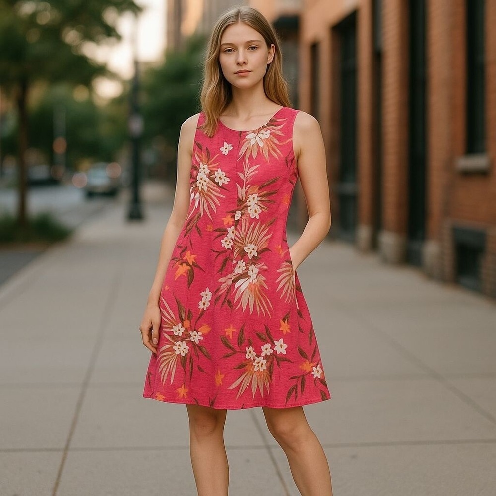J.Jill Shift Dress Womens Small Pink Floral 100% Linen Sleeveless Tropical